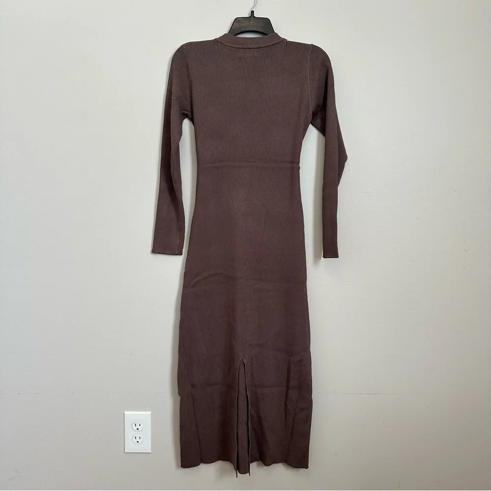 Evereve Ribbed Knit Tie Waist Midi Dress Brown Long Sleeve Size Small Minimalist - Picture 3 of 8